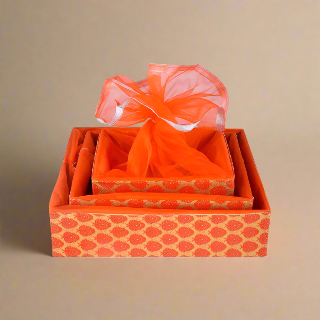 Designer Wedding Gift Hampers Baskets, Dry Fruits Gift Baskets, with Net Cover, Baby Shower Hamper, Color - Floral Orange