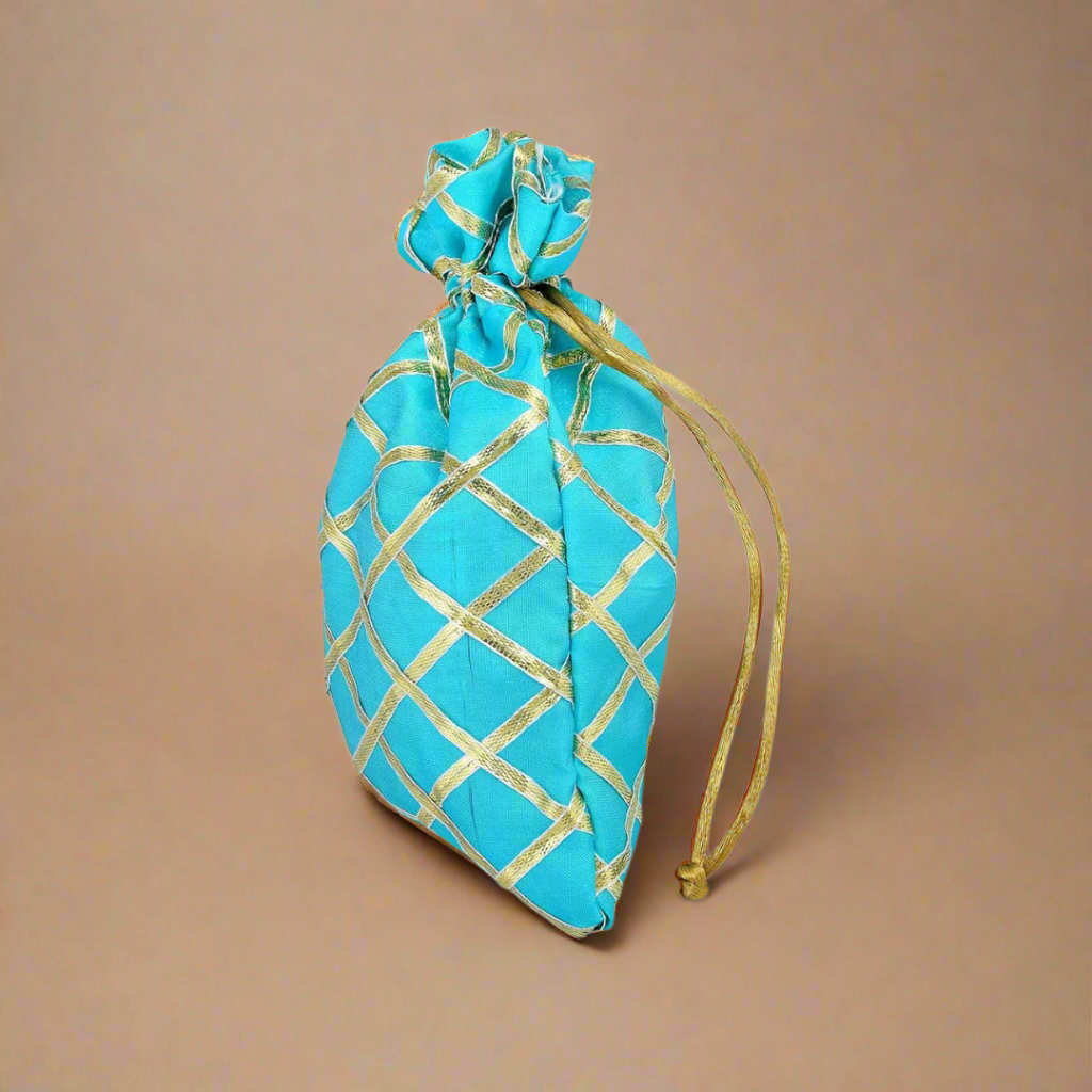 Gifting Potli Bags with Draw String, Dry Fruits Packing, Wedding Gift, Traditional Pouches, Color - Blue (Pack of 5)se and open, Easy way to wrap gifts and treat